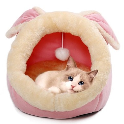 Cat Beds for Indoor Cats - Rabbit-Shaped Cave Bed with Hanging M, Pink