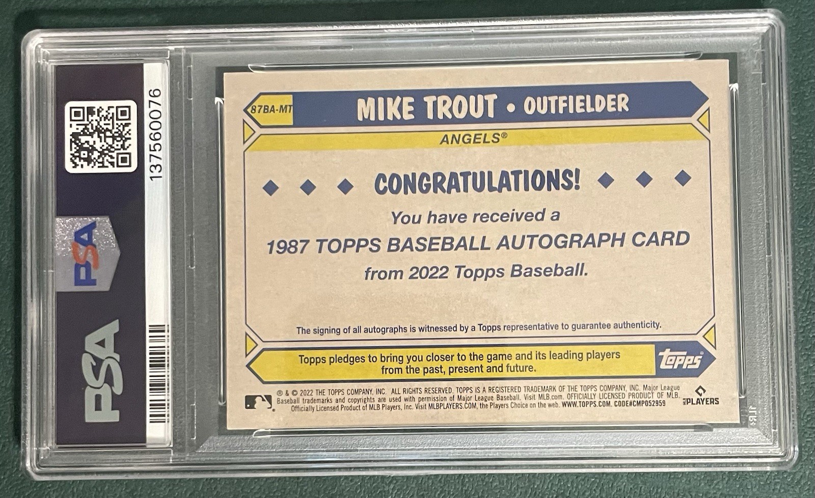 Mike Trout 2022 Topps ‘87 Topps Autograph Series 2 #87BAMT PSA 10 GEM MINT view 2