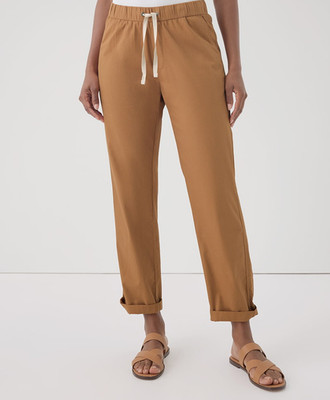 Pact Organic Daily Twill Pants Womens M Camel Beige Stretch Cotton Elastic Waist
