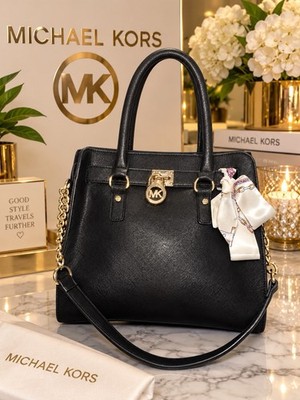 Michael Kors Large Hamilton Saffiano Leather Satchel Tote Black Gold Chain Strap