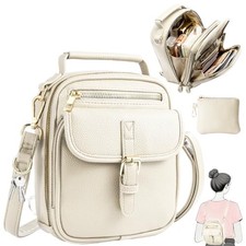 Small Vintage Messenger Bag, Vegan Leather Crossbody Bag for Women with 2 Beige