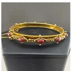 Vintage Estate Bangle Gold Tone Red Cabochon Faux Pearl Hinged 6.5