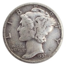 1937-s Mercury Dime Vg Very Good 90 Silver 1937-s Mercury Dime Vg Very Good 90 Silver