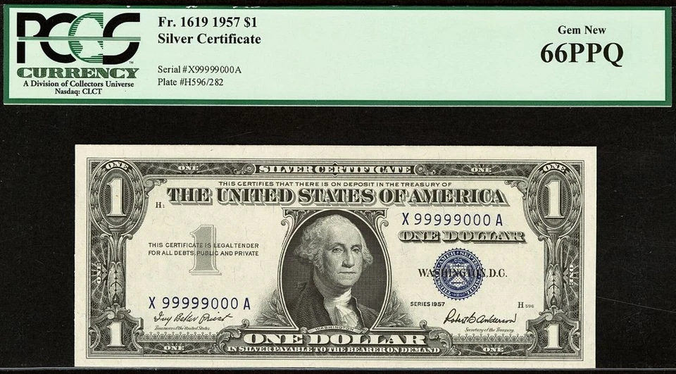 1957 Silver Certificate & 1974 FRN $1 PCGS 66PPQ & 64PPQ - Matching Set 99999000 - Image 2 of 4