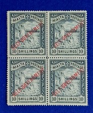 1922 Malta, Block of 4, Self-Government 10s, wmk. crown CC,  Sg. 105, CV £ 1000+