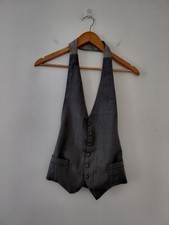 Vintage English Double Breasted Waistcoat 38 Grey Wool Morning Suit Backless