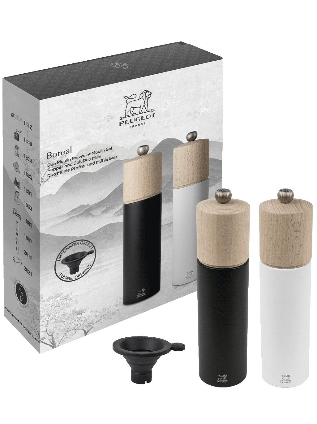 PEUGEOT Geschenkset BOREAL 22cm Pfeffermühle Schwarz Salzmühle Weiß Buchenholz