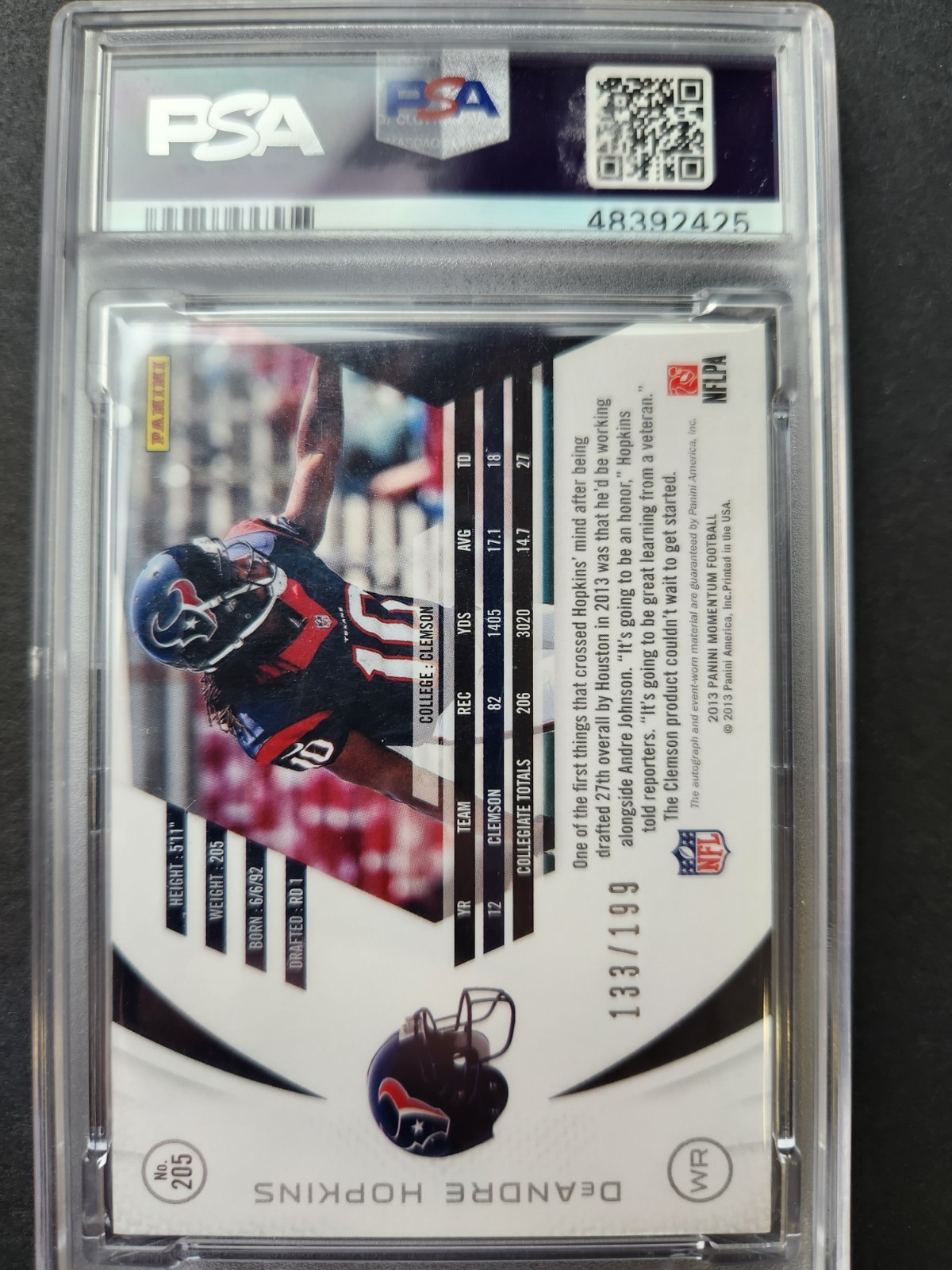 2013 Panini Momentum DeAndre Hopkins #205 Rookie Jersey Auto PSA 9 #/199 Pop 3 view 3