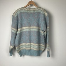 Hilda Womens Icelandic Pure Wool Sweater Blue Nordic Fair Isle L Made In Iceland