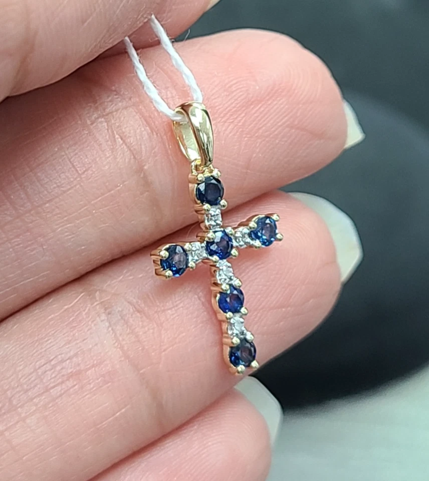 优惠! 0.40 克拉正品蓝宝石和钻石交叉吊坠小饰品 14K 金色 20 毫米 — 第 3/4 张图片
