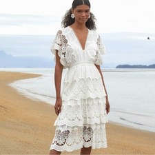 Farm Rio Womens Dress Richelier NWT White Lace Midi Tiered Bridal Beachy Large