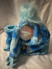 NEW Justice Girls Blue Tie Dye Faux Fur Pom Pom Beanie Hat/Gloves Set