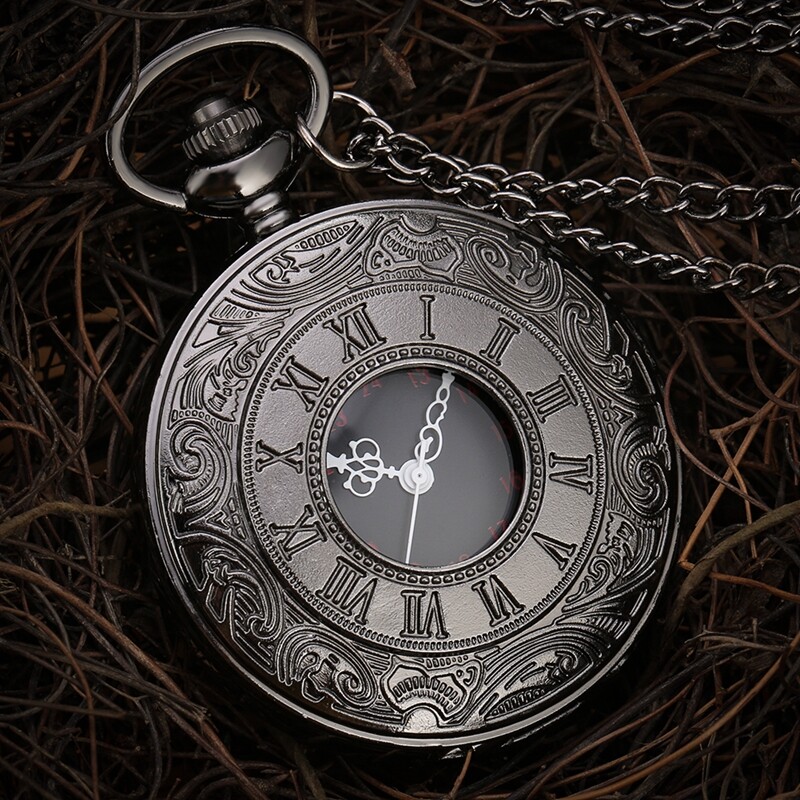 Roman Numerals Quartz Pocket Watch Men Women Black Hollow Case Steampunk Gifts