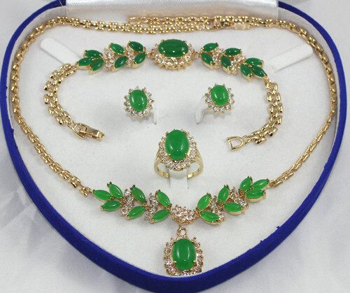 Green Jade 18K Gold Plated Necklace Link Bracelet Earrings Ring Jewelry Set AAA - Picture 134 of 140