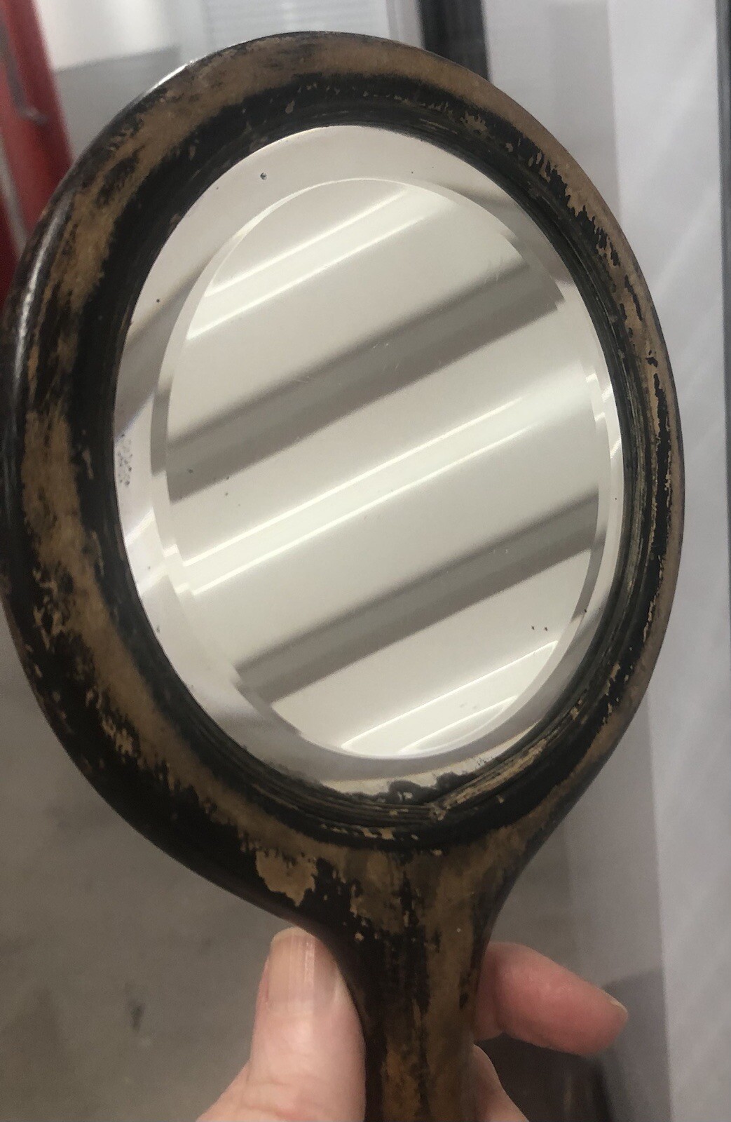 Petite Antique Wood Hand Held VANITY Beveled MIRROR 5" diameter 1800s