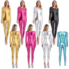 Womens Jumpsuit Metallic Shiny Full Body Bodysuit Round Neck Leotard Slim Fit