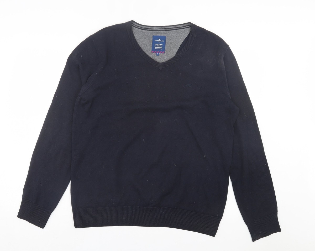 TOM TAILOR Mens Blue V-Neck Cotton Blend Jumper Size L UK