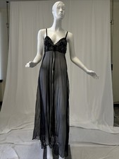 Vintage Petra Fashion Long Black Open Front Flowered Nylon Nightgown sz medium