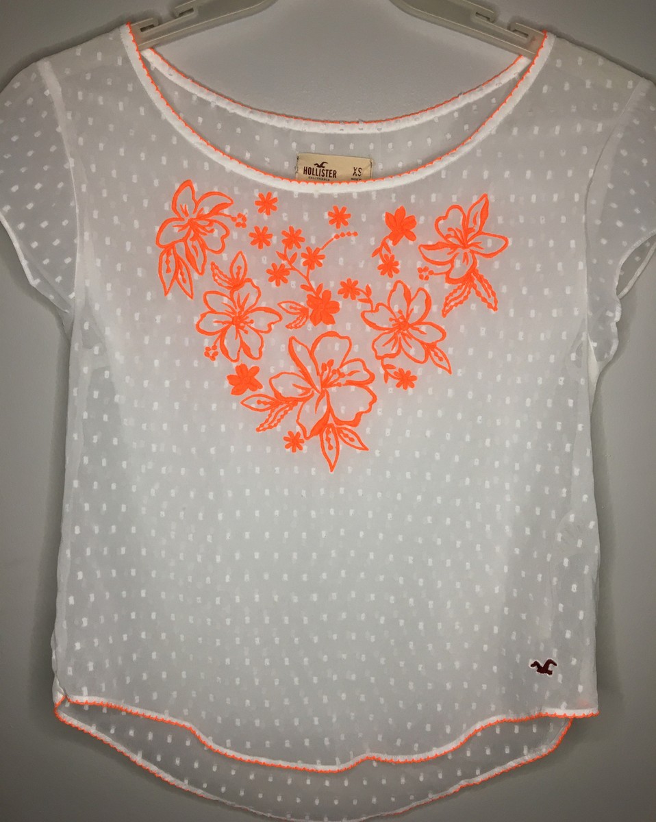Hollister Semi Sheer SS Top White Neon Orange Embroidered