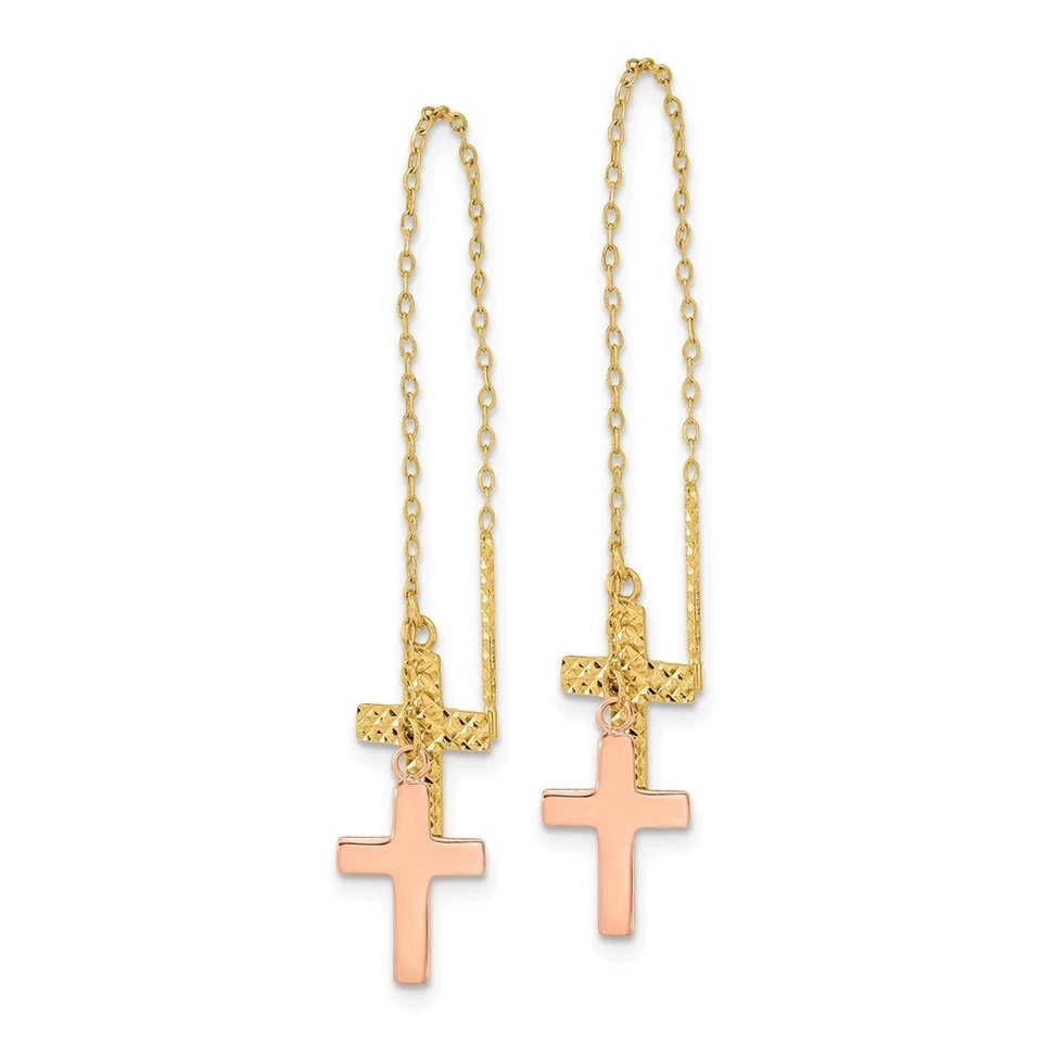 63mm 14k Yellow & Rose Gold Shiny-Cut Polished Crosses Threader Earrings - Image 2 of 4