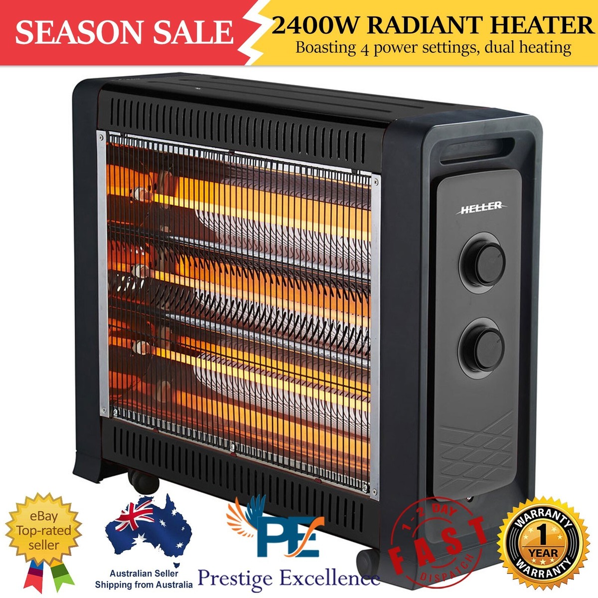 2400W Quartz Radiant Heater Heat Settings Fan Assisted Portable