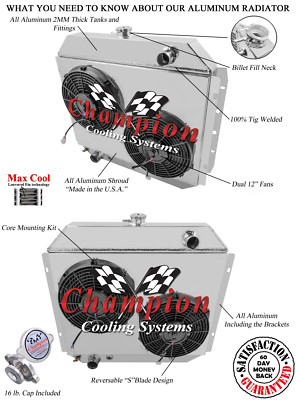 3 Row ER Champion Radiator,2 12'' Fans,Shroud - 1968 - 1979 Ford F-Series V8 Eng