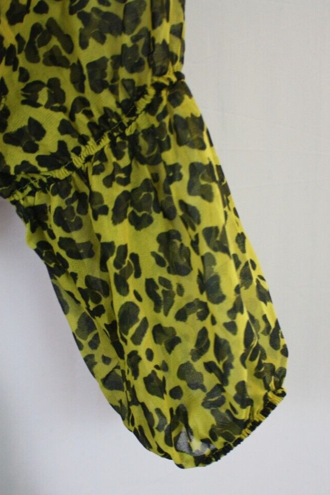 New York & Company Blouse Womens L Leopard-Print Puff-Sleeve Punk Retro Rock Y2K