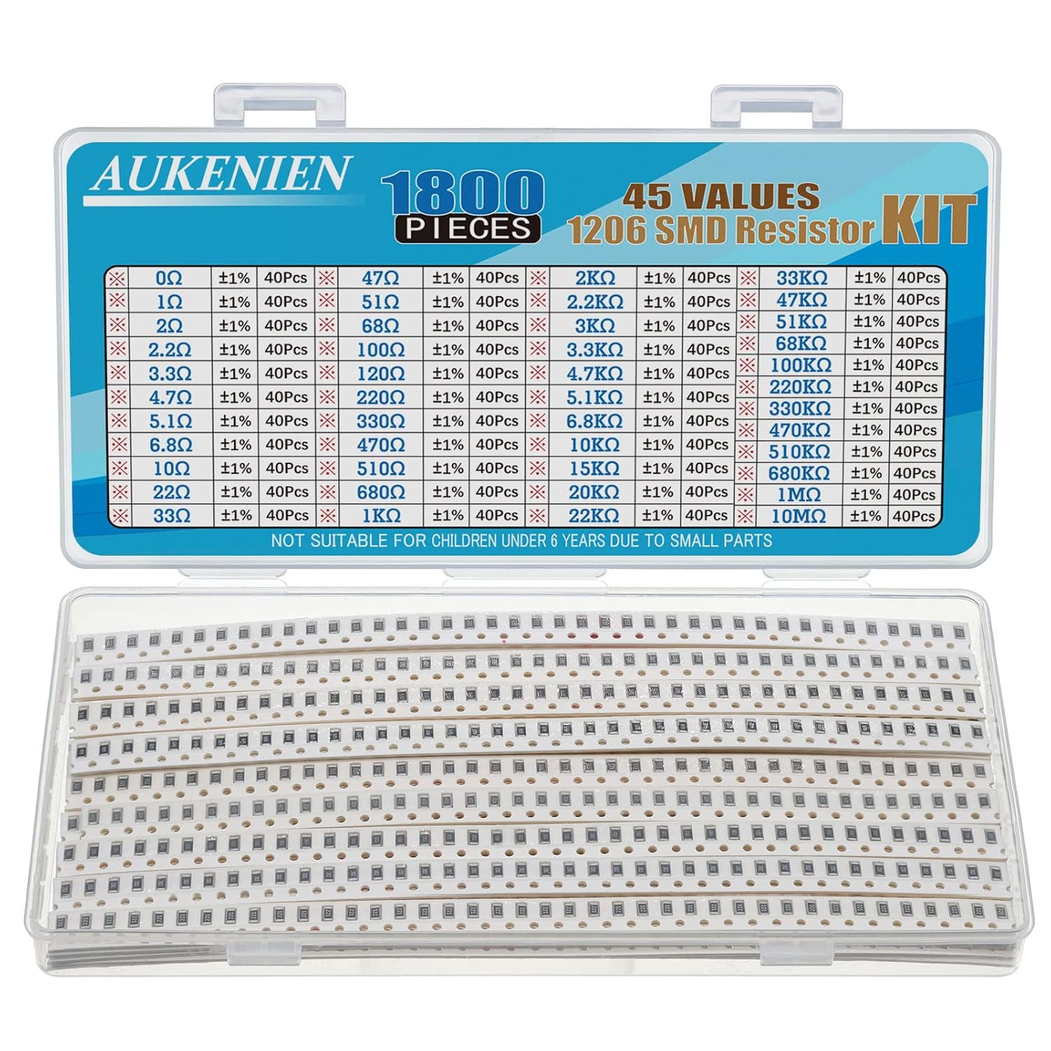1206 SMD Resistor Kit 45 Values 1800Pcs 0R to 10M Ohm 1/4W SMT Chip Resistors As