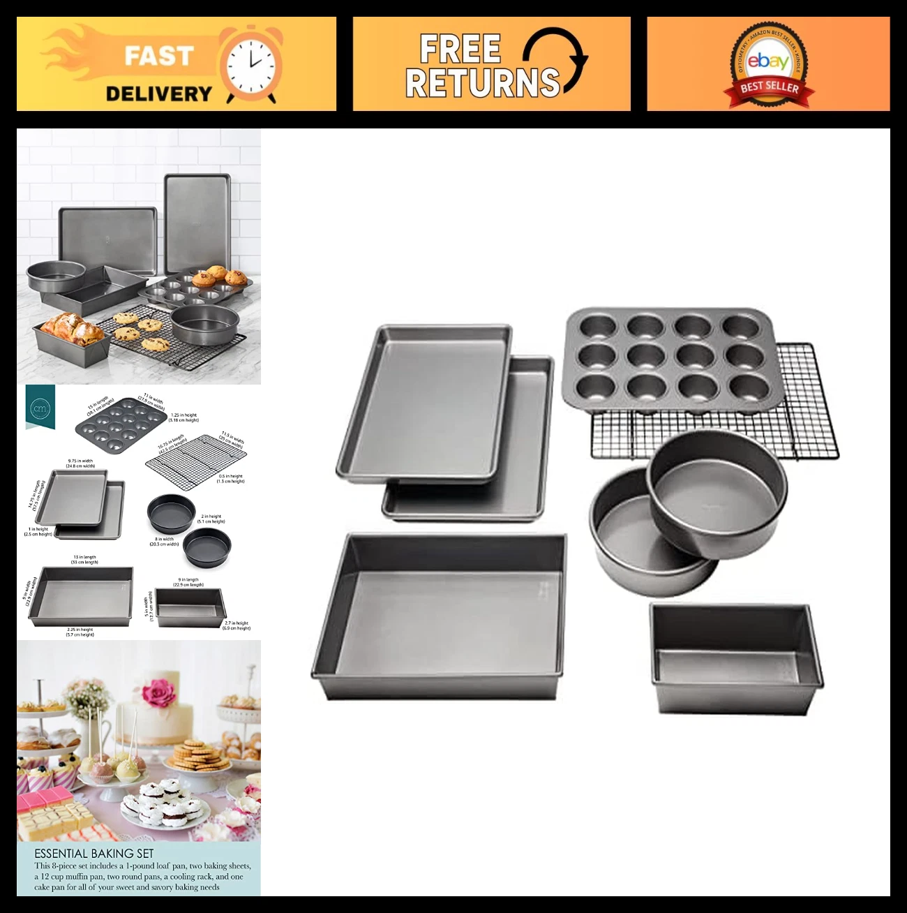 Non-Stick 8-Piece Bakeware Set - Professional Quality, Durable, Easy Clean, Silv