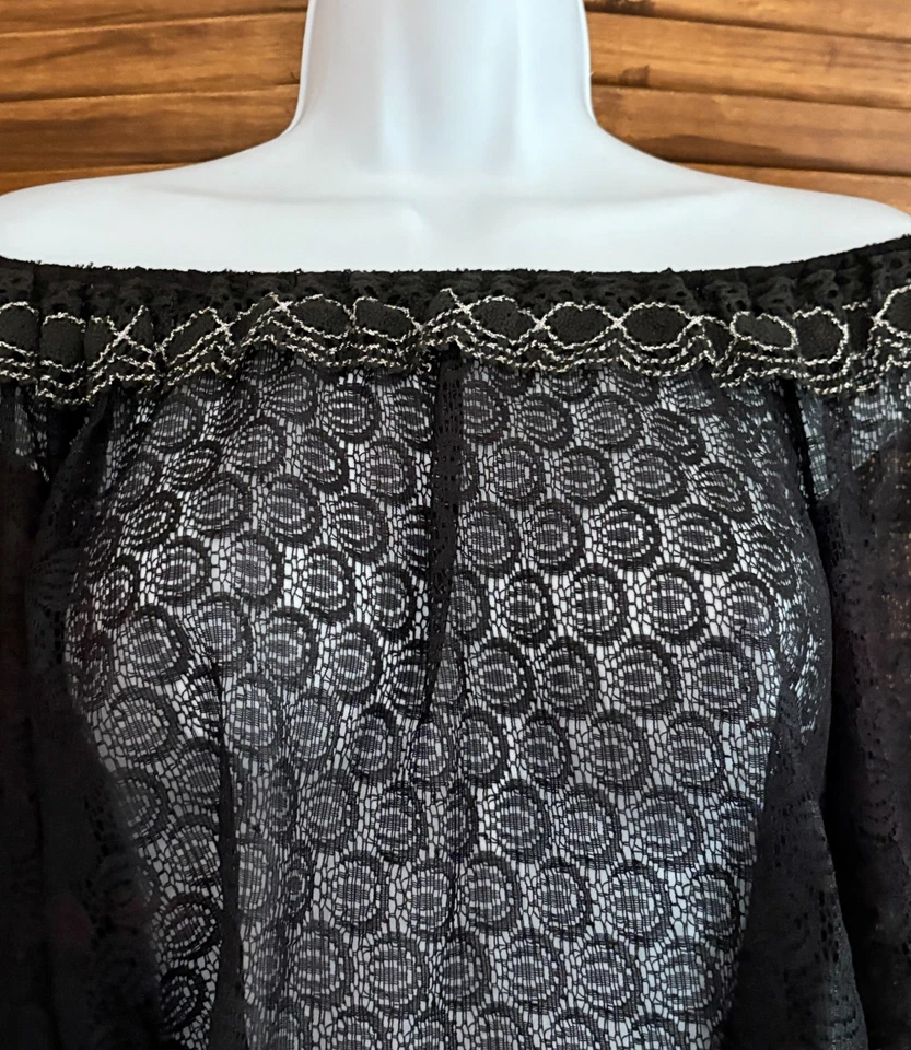Vintage Sheer Lace Black and Silver Off the Shoulder Blouse Size Large 1970's - - Image 4 of 4