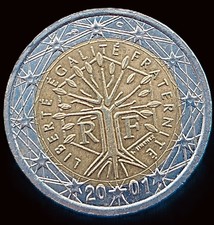 2 Euros. Francia 2001. Joaquin Jiménez. Arbol de la vida. Errores de acuñación.