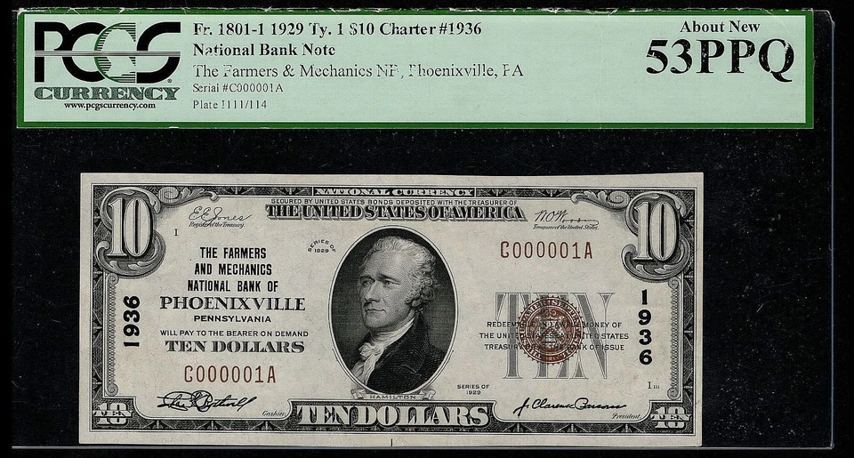 1929 Ty.1 $10 Ch#1936 Farmers & Mechanics NB of Phoenixville PA S/N C000001A AU - Image 4 of 4