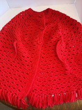Vtg 70's Home Made Hand Knit Red Crochet Poncho Cape Sweater Cardigan Fringe