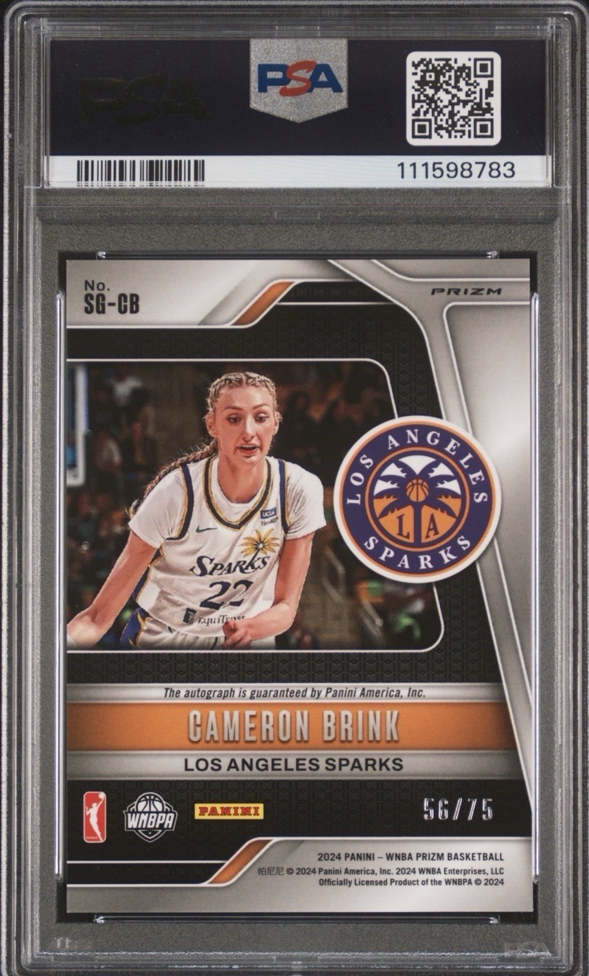 2024 PANINI WNBA PRIZM CAMERON BRINK SIGNATURES RC BLUE AUTO  #56/75 PSA 10 view 2
