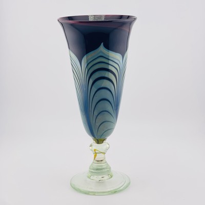 VTG 1979 John Barber Signed Pulled Feather Deep Cranberry Blue Art Glass Vase