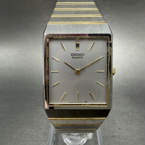 Seiko Tank Watch Men 25mm Silver Dial Two Tone Rectangle 5P30-5C99 New Battery