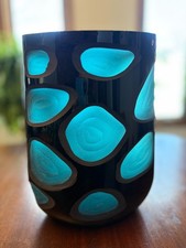 Murano Style Abstract Honeycomb Modern Teal Black Cased Art Glass Vase, 11.5" T