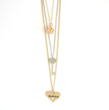 GUESS 3 PC SET GOLD,ROSE,SILVER TRI 3 TONE HEART,LOCK CRYSTAL KEY BALL NECKLACE