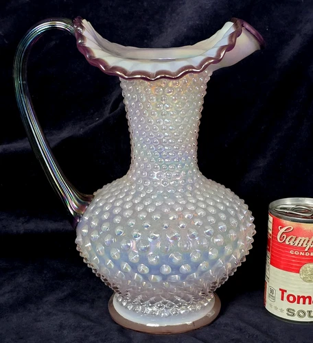 Large 11" Vintage Fenton Iridescent Lavender Glass Pitcher Vase Hobnail Surface