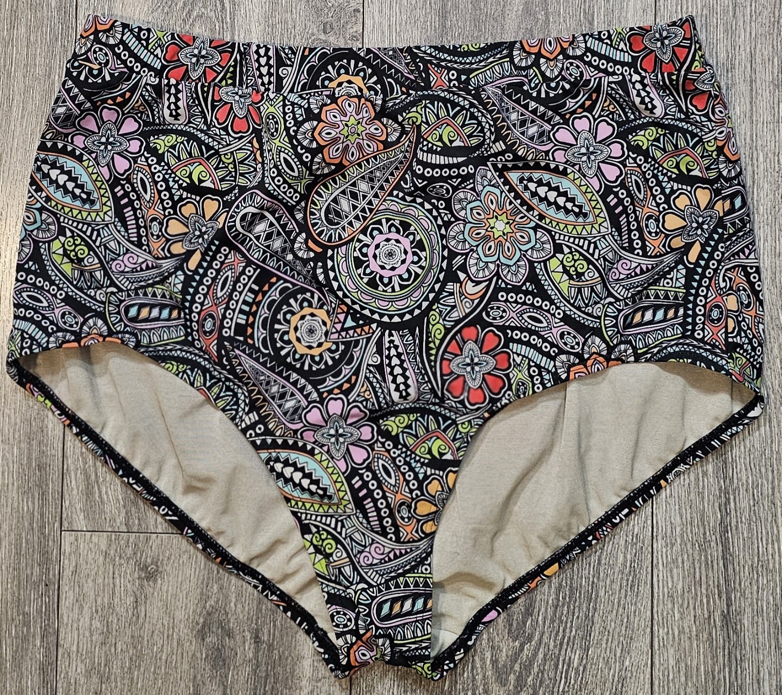 A Shore Fit  High-waisted Tummy Control Bikini Swim Bottoms Black Paisley Sz 22W