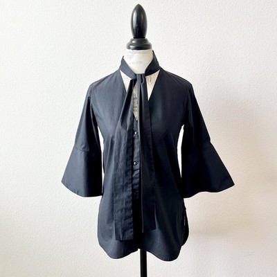 Palmer Harding Black Stretch Cotton V-neck Blouse Tie Neck Bell Sleeve Sz  0/2 