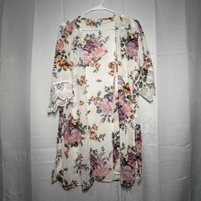 WallFlower Floral Kimono M White Crochet Lace Trim Open Front Cardigan