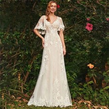 Long V-Neck A-Line Wedding Dresses Flare Sleeve Backless Appliques Sweep Train