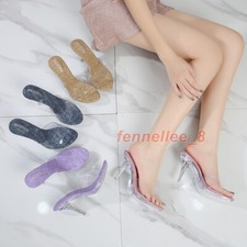 Womens Summer Peep Toe Transparent Slippers Slip on High Heel Sandal Pumps Party