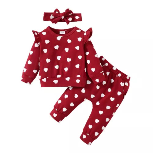 Infant Baby Kid Girls Heart Print Tops Trouser Outfits Tracksuit Clothes Set - Picture 5 of 15