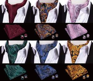 USA Mens Silk Cravat Ascot Red Black Paisley Pocket Square Cufflinks Set Wedding