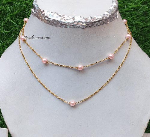 Duble Strand Pink Pearl Beads Chain Necklace Wedding Jewelry Gift for Wife - Picture 2 of 3
