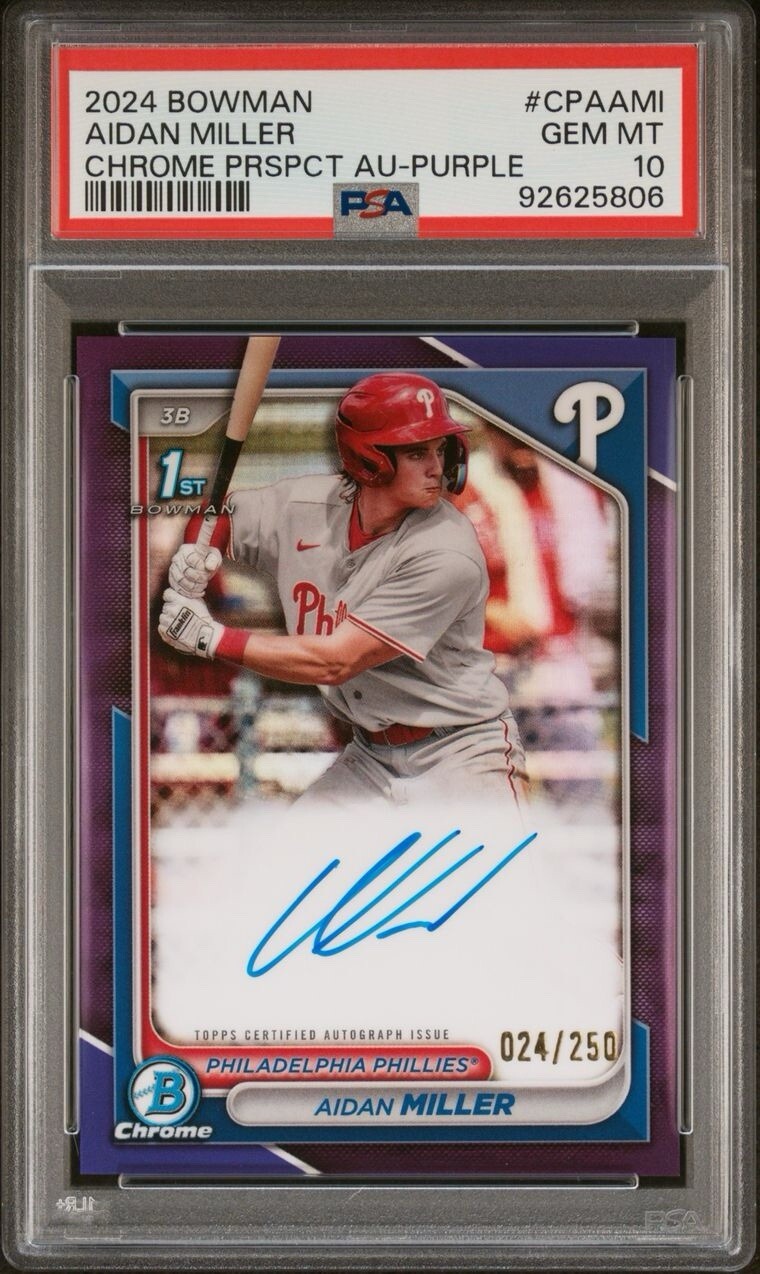 AIDAN MILLER 2024 BOWMAN CHROME PROSPECT PURPLE REFRACTOR AUTO 1ST 24/250 PSA 10