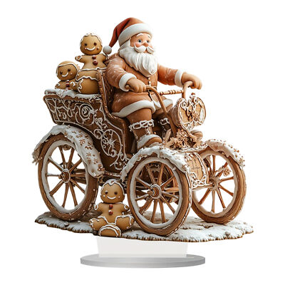 Santa Claus Figurines 2D Acrylic Santa Statue Riding Sleigh With Gingerbread Man