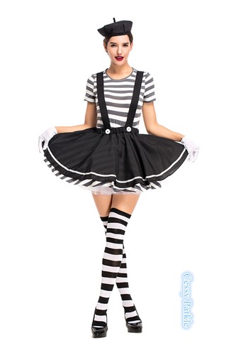 X-C3-4 Ladies Mesmerizing Mime Costume French Artist Clown Circus Fancy Outfit - Picture 7 of 9